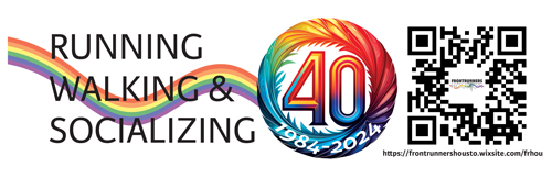 Back of T-shirt design for Houston Frontrunners running club. Graphic image portrays the rainbow ribbon connected to a rainbow colored circle containing text "40 1984-2024" and QR code linking to club's signup page