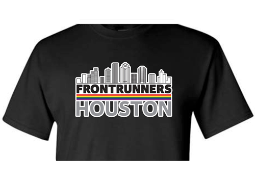 Front of T-shirt design for Houston Frontrunners running club. Graphic image portrays the outline of the city of Houston over text "FRONTRUNNERS", then graphic of rainbow lines, then text "HOUSTON"