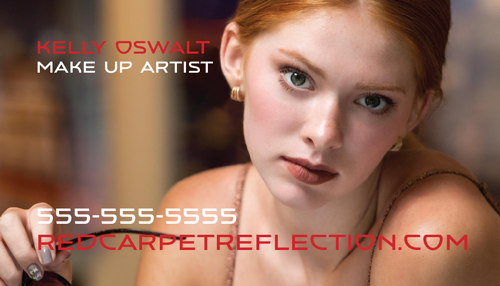 Business card design for Red Carpet Reflection. Image on design is of a young woman looking forward to camera.