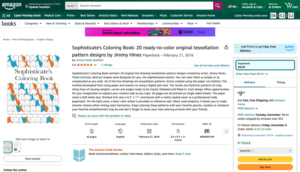 screenshot of Amazon webpage containing Jimmy Hines's self published book "Sophisticates coloring book"